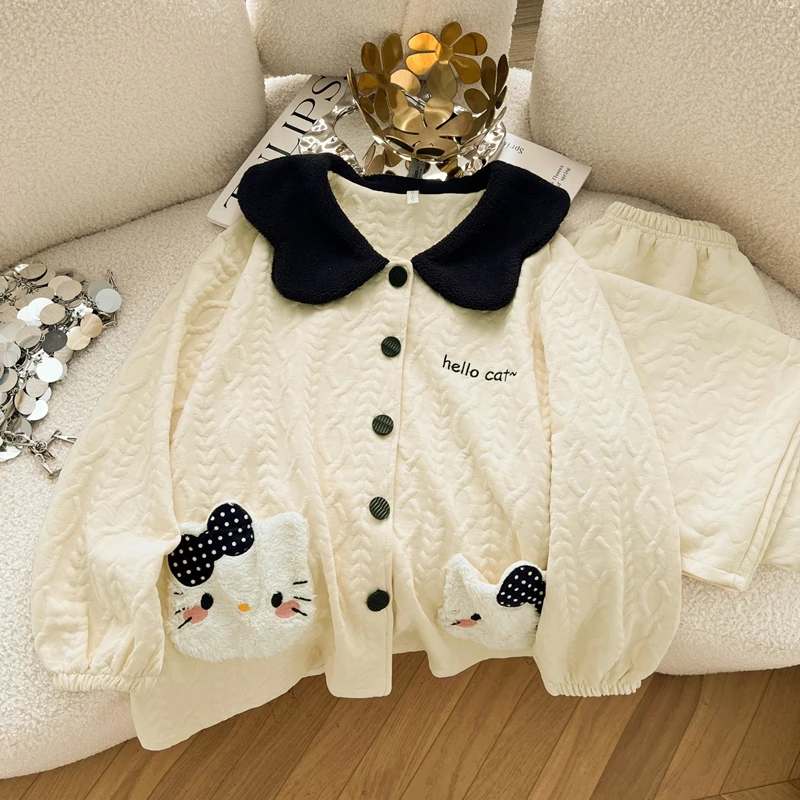 大口袋猫｜2025新款睡衣女款秋冬保暖空气棉夹层加厚女长袖家居服