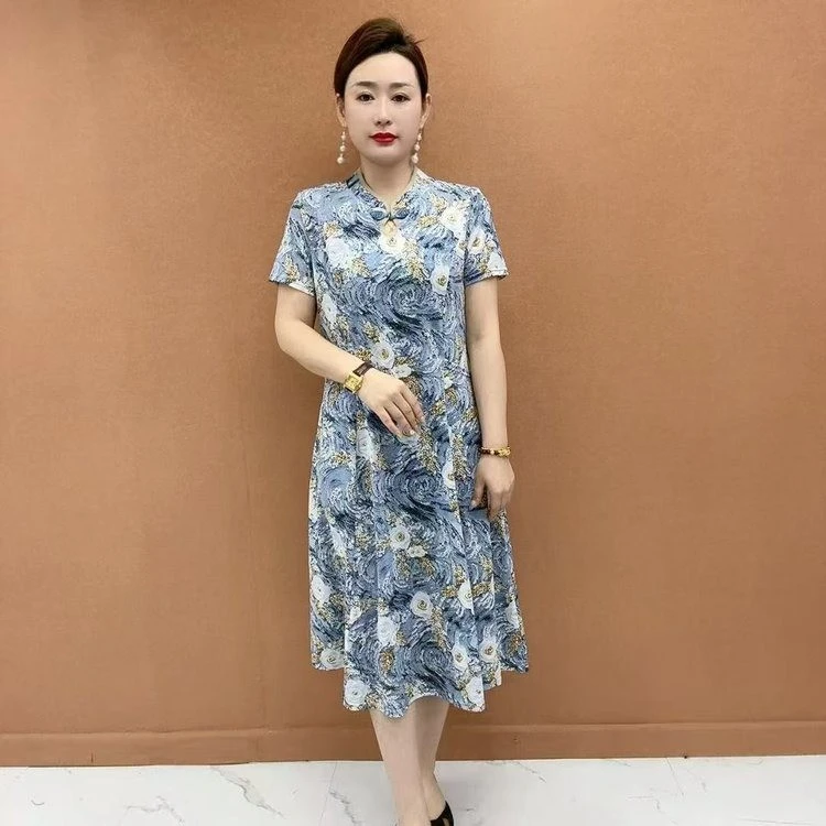 新款妈妈装夏季改良旗袍连衣裙中长款优雅气质显瘦短袖时尚高贵
