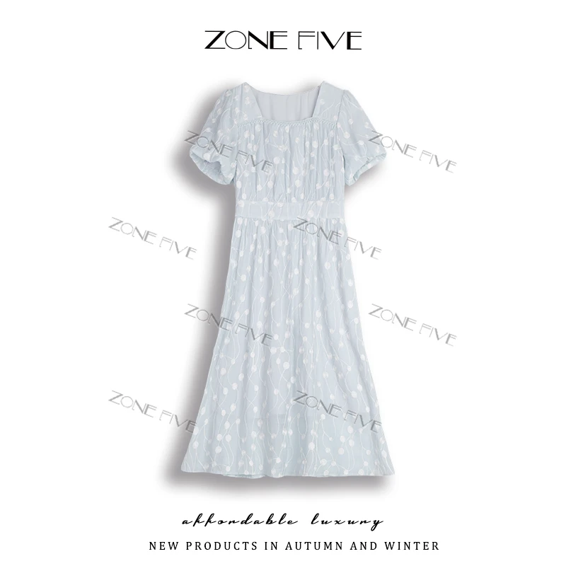 【zonefive】冰氧碎星 方领夏季连衣裙女2025夏新款收腰显瘦长裙
