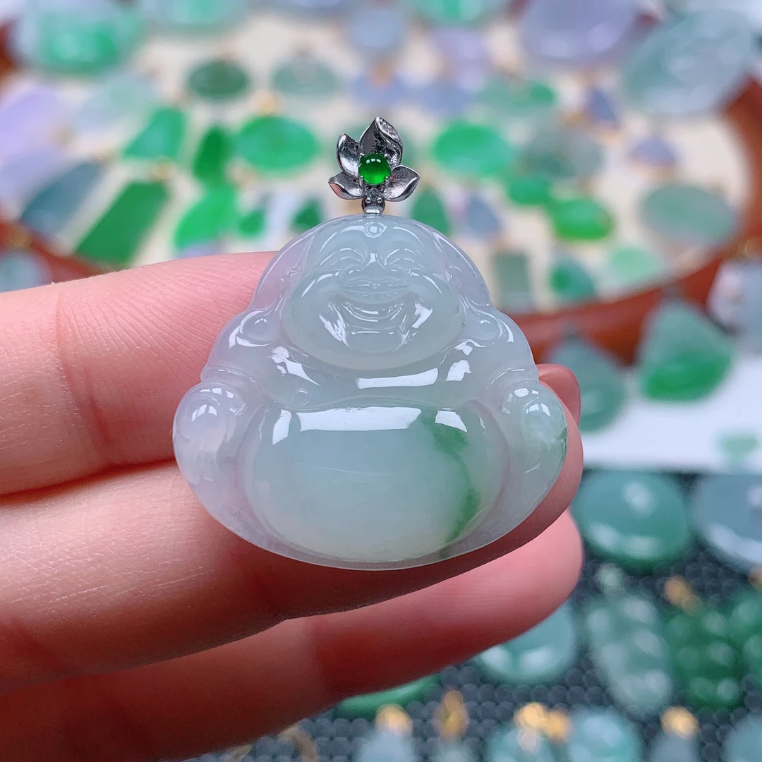 缅甸天然A货翡翠，冰飘花佛公 编号338/117尺寸 27-28.3-5.7