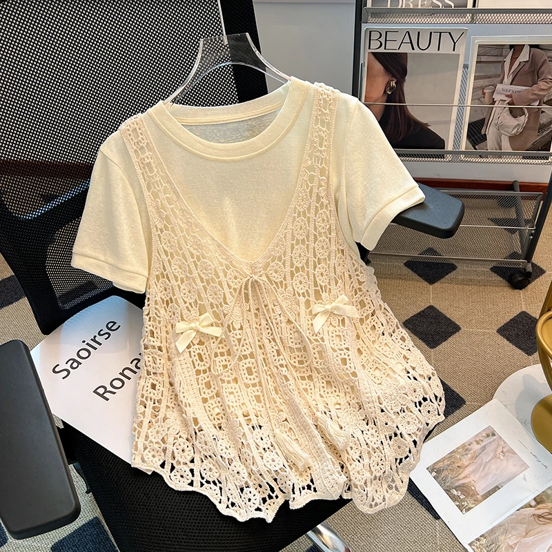 2025夏季爆款设计感蝴蝶结蕾丝钩花背心叠穿短袖T恤两件套女上衣