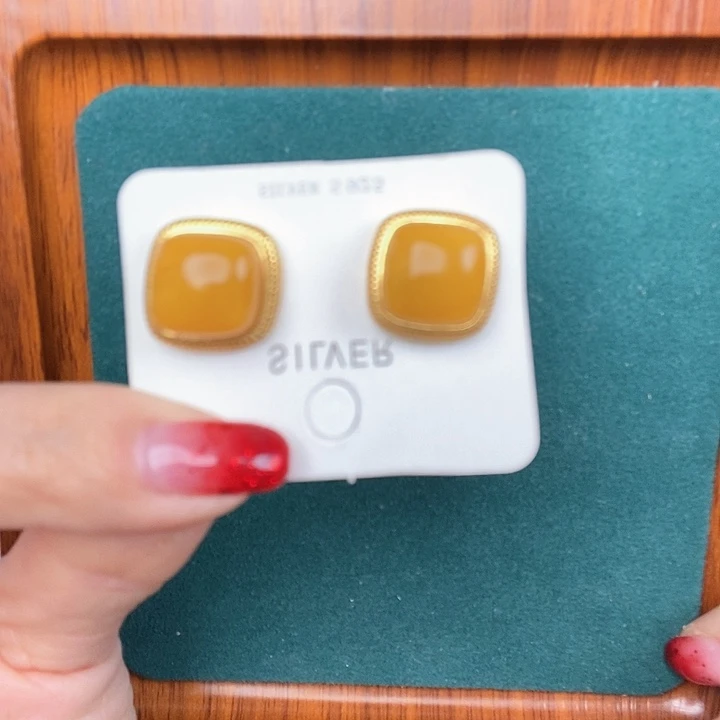 蜜蜡耳饰银S925镶嵌耳钉