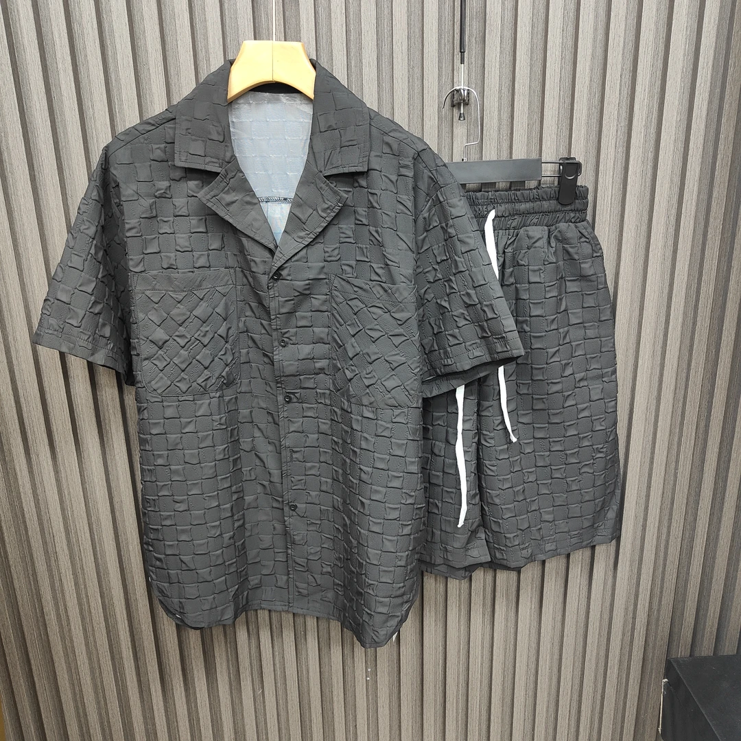 夏季男士套装2025新款百搭休闲高端半袖翻领上衣+裤子3005