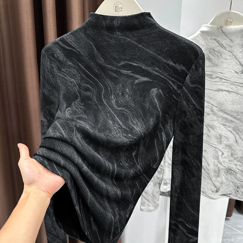 高档黑色正肩半高领套头打底衫2025新款洋气外穿长袖上衣薄T恤女
