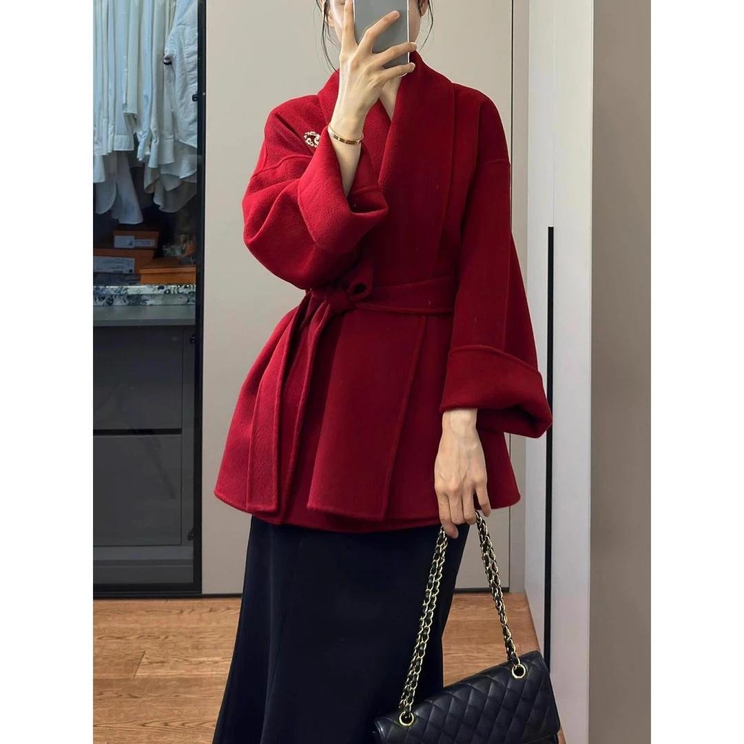 范哲萨2025秋冬复古红色双面大衣女高级感小个子呢新年结婚外套
