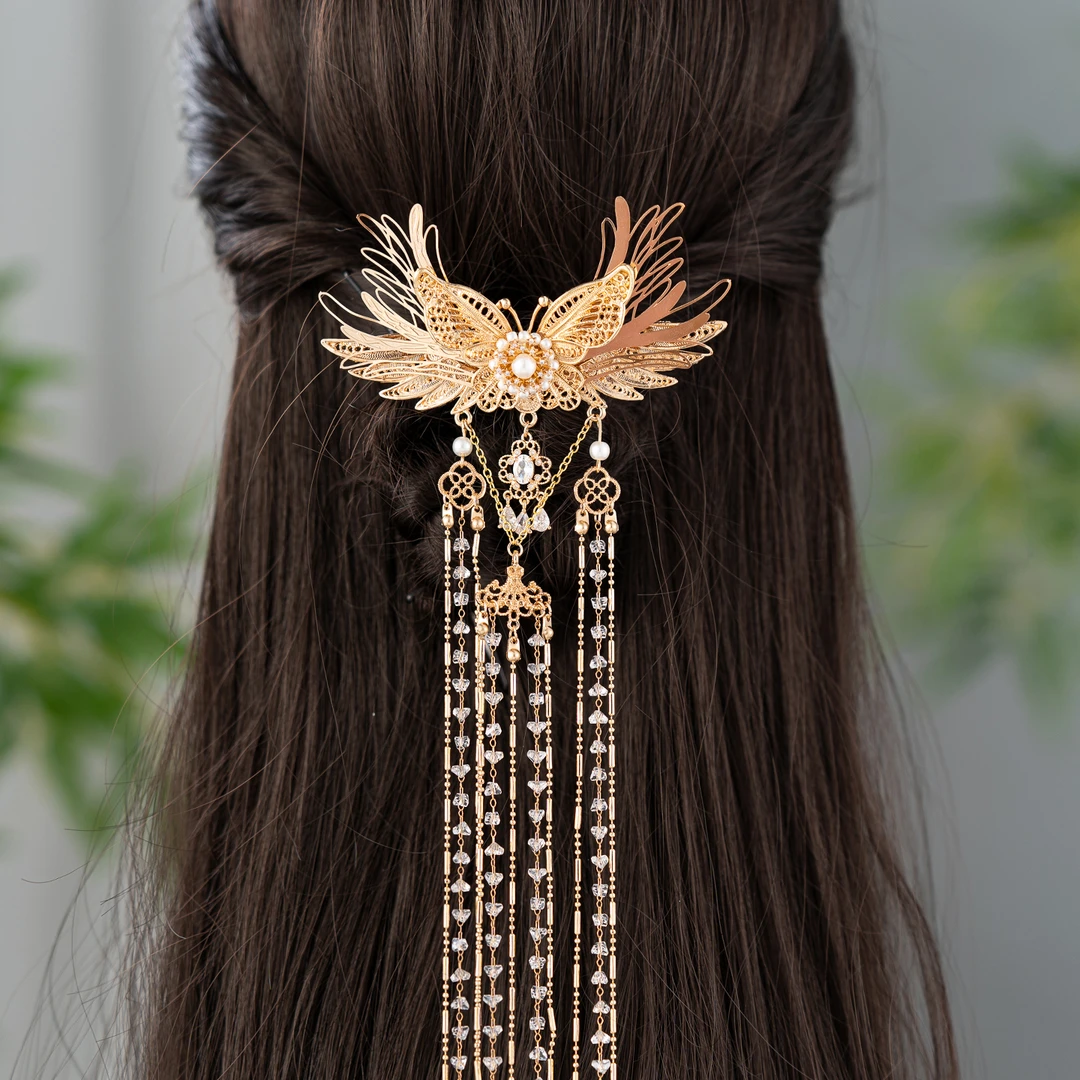 中式典雅气质后脑勺翎鎏光流苏发饰超仙精美鸭嘴夹后压头饰