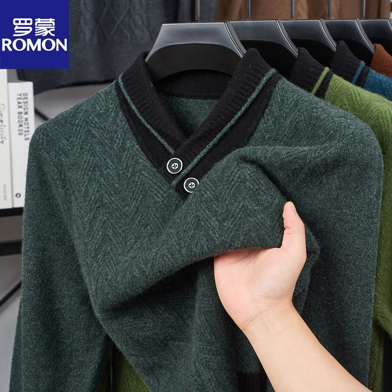罗蒙2025年秋冬季新款V领爆款毛衣中老年男士保暖毛衣打底针织衫