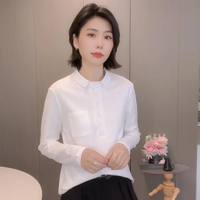 气质长袖T恤女早秋韩系穿搭氛围感纯色POLO领小衫减龄打底衫上衣