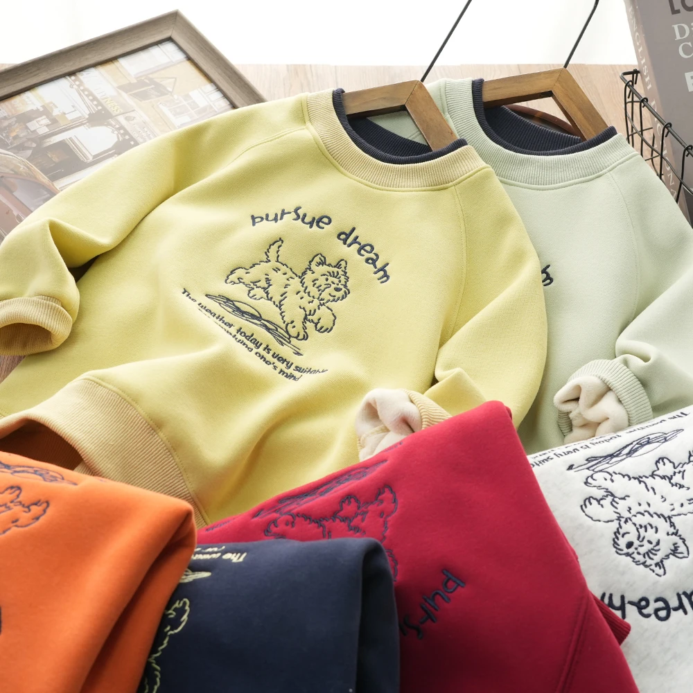 秋冬款小狗刺绣男童假两件加绒卫衣中大童百搭长袖上衣MT25206