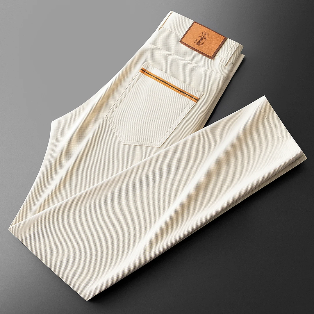 WAYNEKACHE/韦内卡彻春夏高端轻奢斜纹冰丝男修身纯色直筒休闲裤