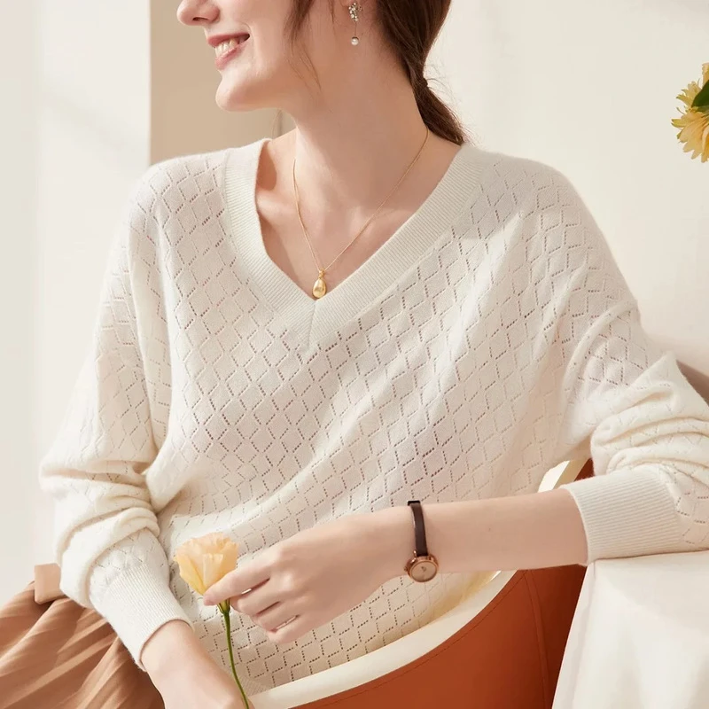 茉莉绒100%山羊绒V领镂空女套衫纯色落肩袖秋冬热卖女式羊绒衫