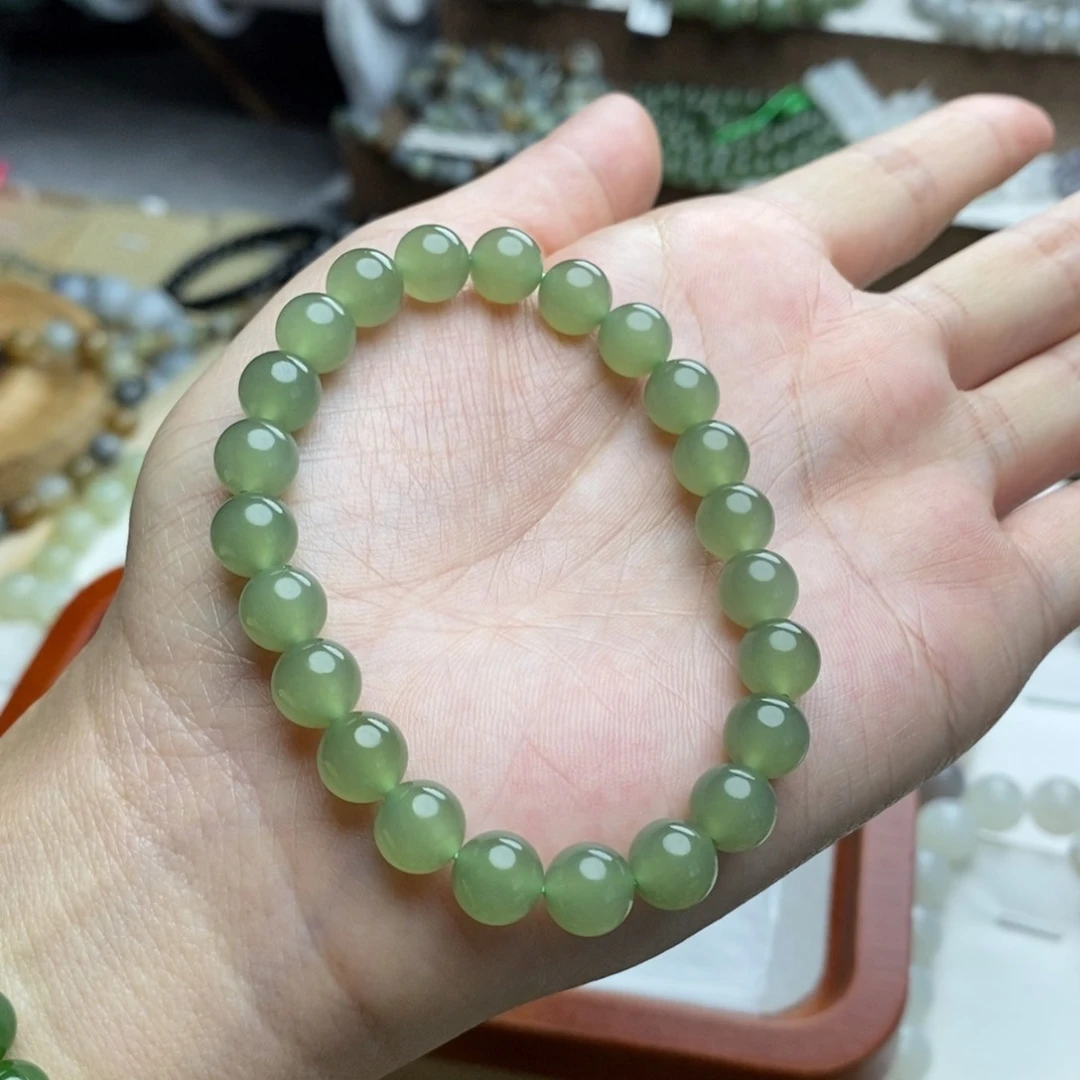 和田玉手链未镶嵌8mm高冰湖水绿圆珠