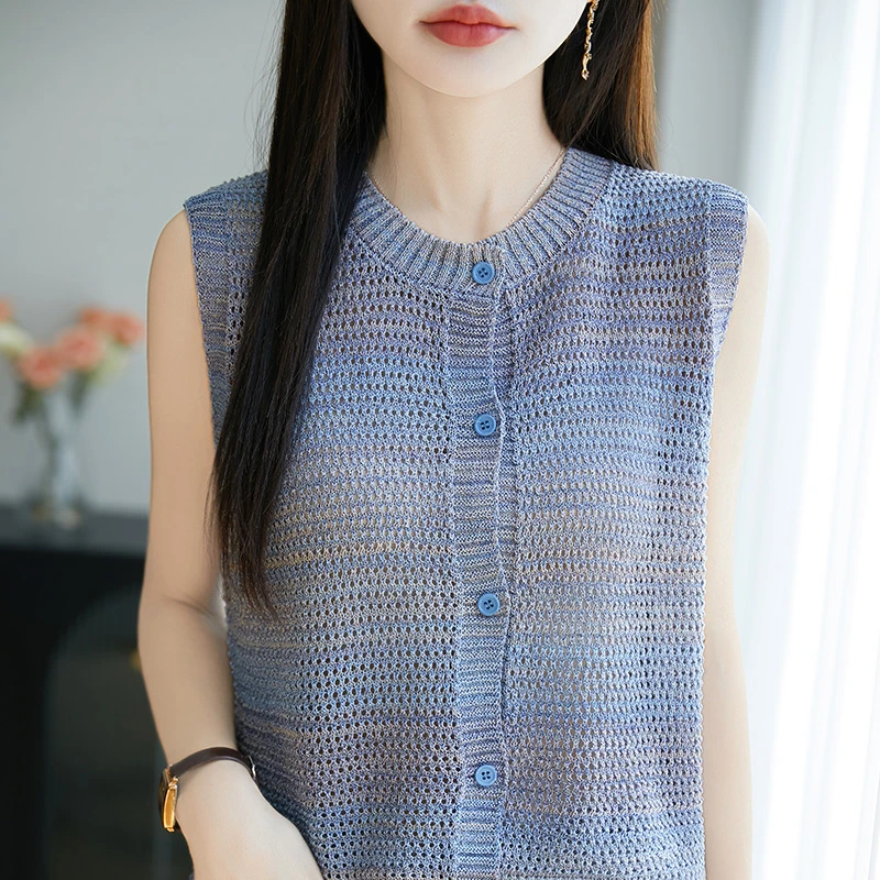 夏季新款圆领无袖针织开衫女冰丝宽松拼色薄款气质洋气上衣时尚女