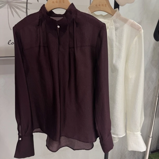 “雾綃”立领花纹轻薄简约高级人丝衬衫32248