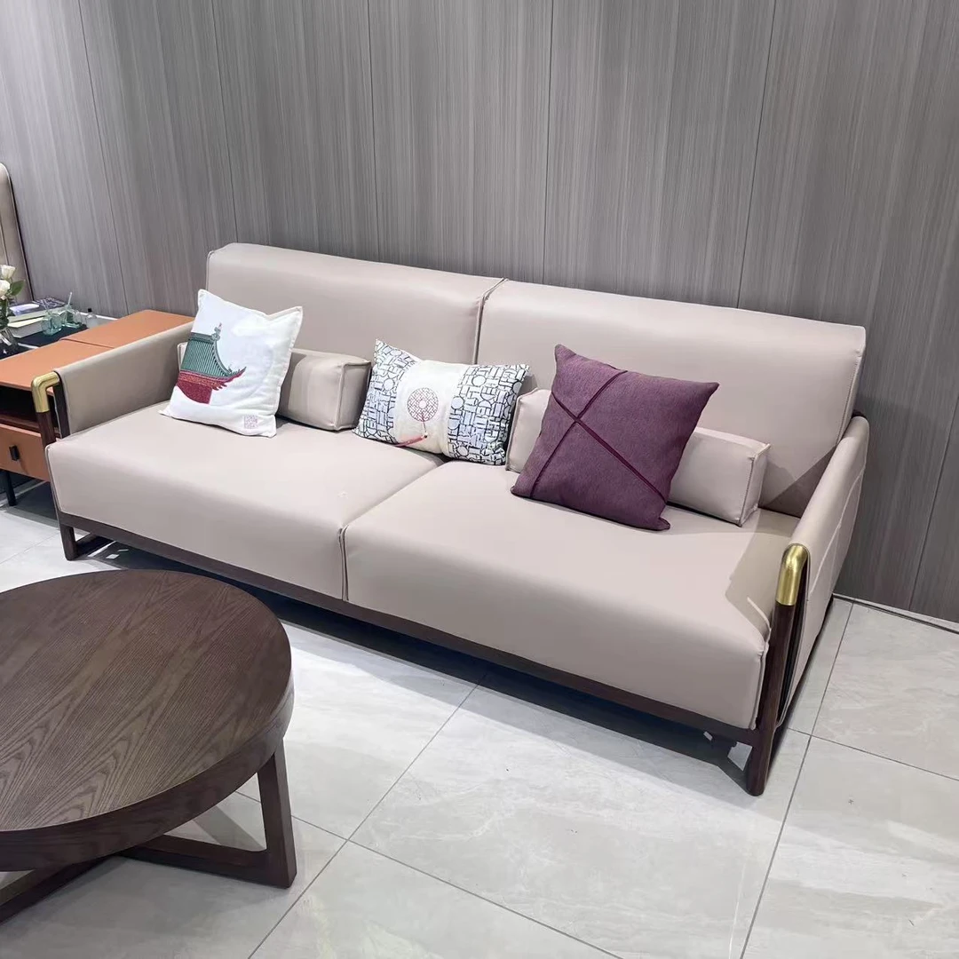 新中式全实木真皮沙发三人位