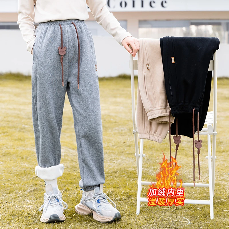 女童加绒裤子冬装2025新款外穿童装女大童运动裤卫裤加厚H60401