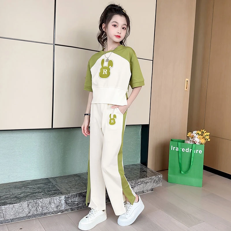 女大童夏季套装2025年新款洋气拼色短袖女孩休闲阔腿裤运动两件套