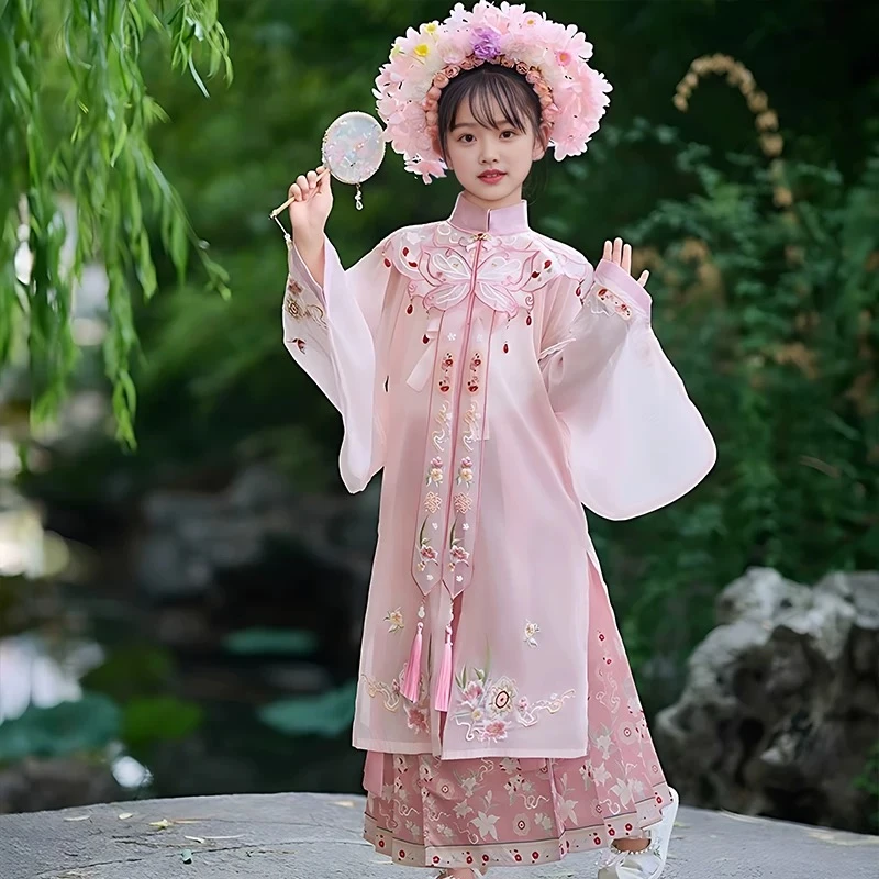 春秋款女童汉服国风明制蝴蝶粉色云肩古装儿童古风簪花中国风