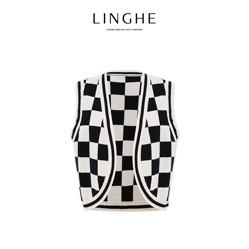 翎禾LINGHE-通勤风秋冬撞色休闲复古菱格马甲
