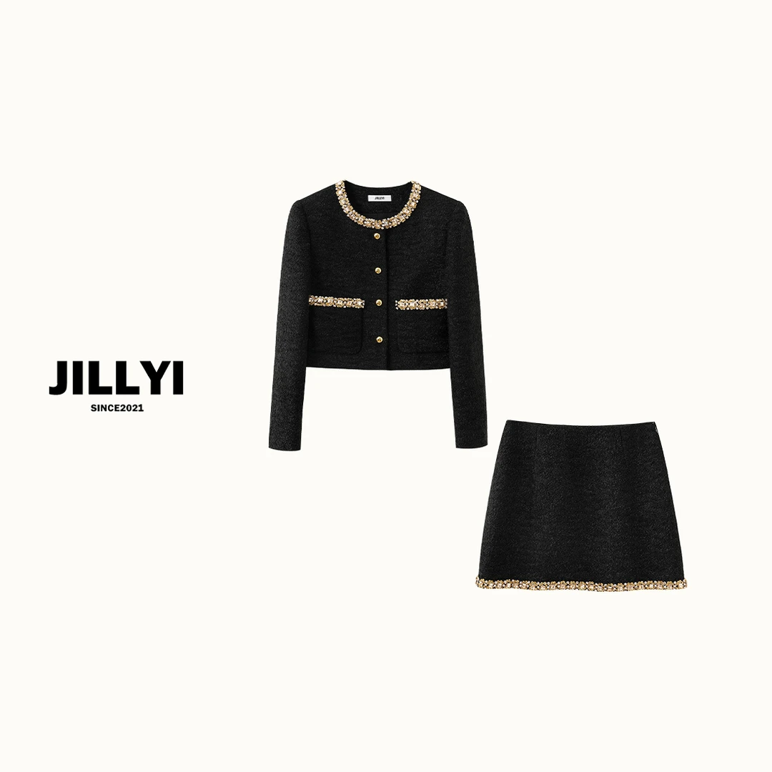 JILLYI南山店【钻石名媛】黑色手缝钻石重工套装小香风气质洋气短款