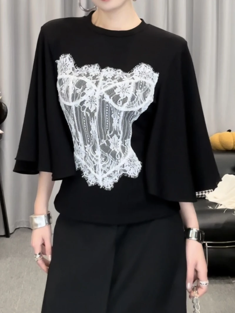 D5013色蕾丝拼接小众短袖T恤女2025年夏季新款辣妹显瘦时尚上衣