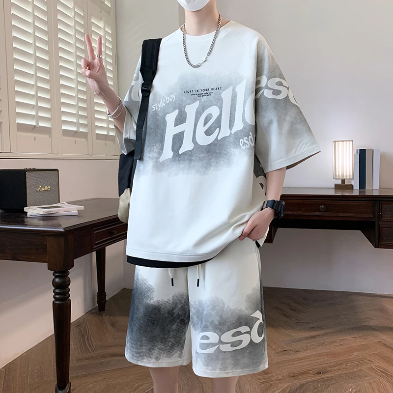 夏季新款男短袖T恤套装青少年学院风百搭宽松学生运动休闲两件套