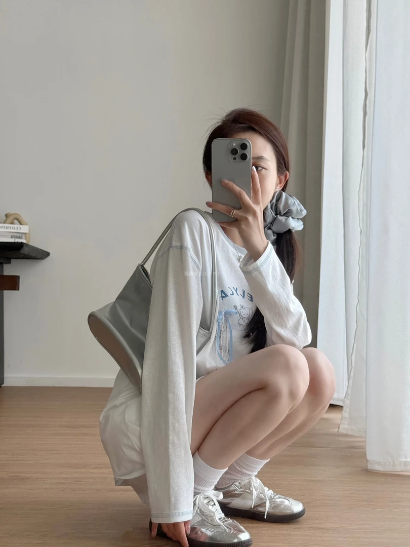 猫咪蝴蝶结T恤宽松夏季雪花棉凉爽长袖防晒短袖