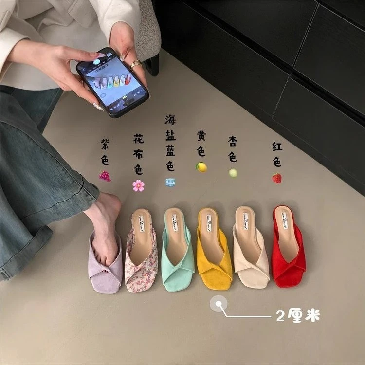 复古ins少女风凉鞋网红一字拖胶粘鞋海盐蓝平底丝带低跟凉拖鞋