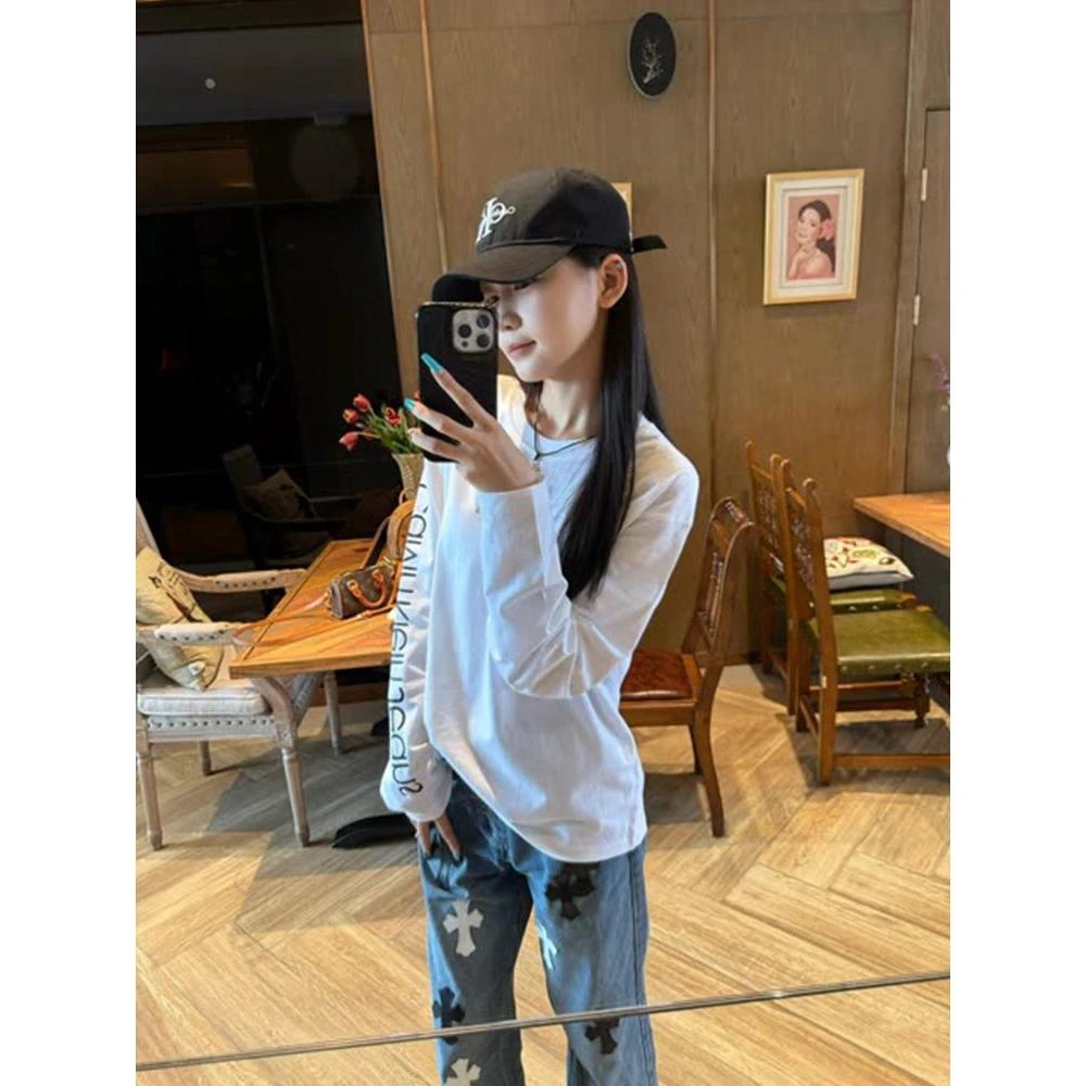 B1835(实价官图现货原版型广州32支双纱）白色印花长袖打底衫