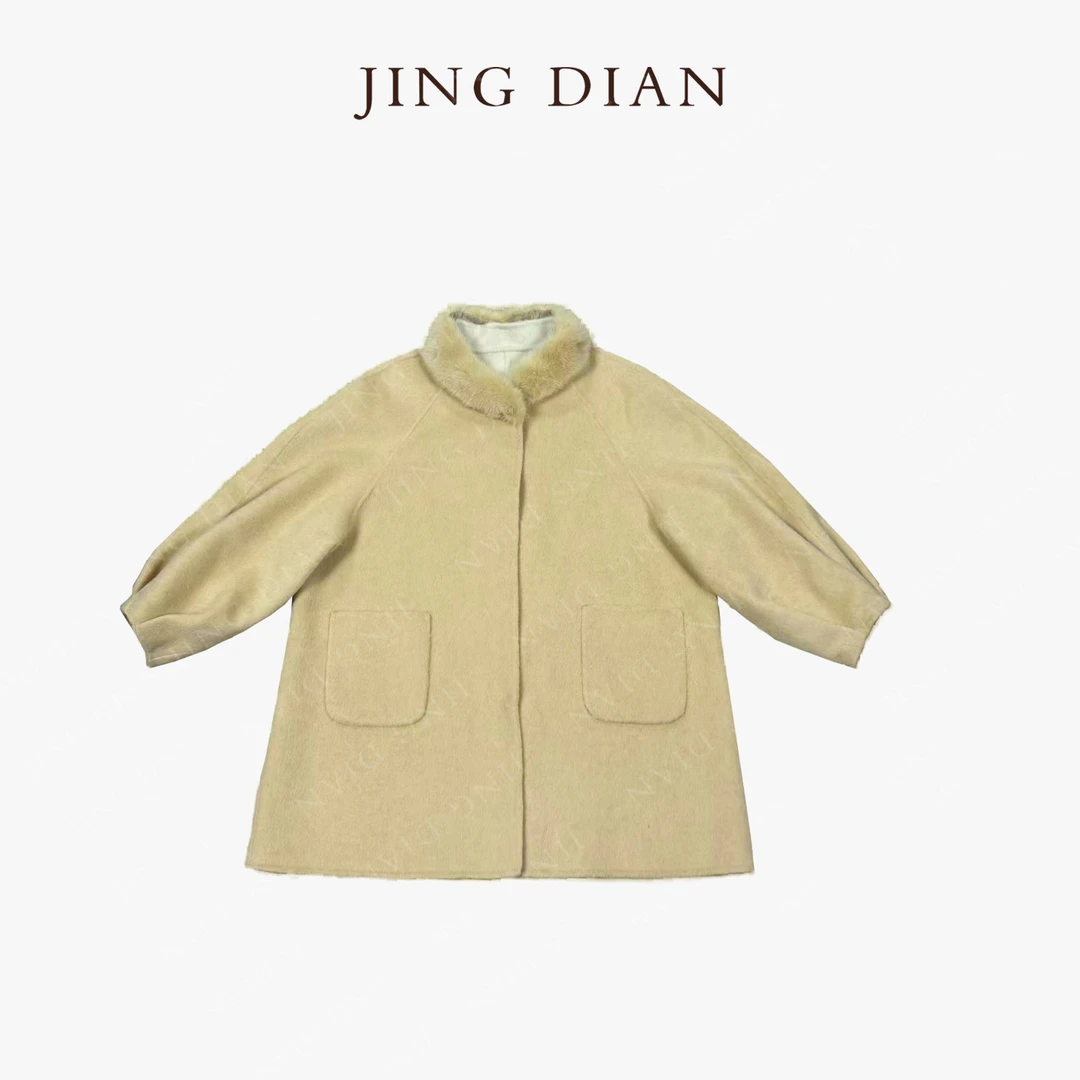 【JD】定制款米黄色拼貂领灯笼袖大衣