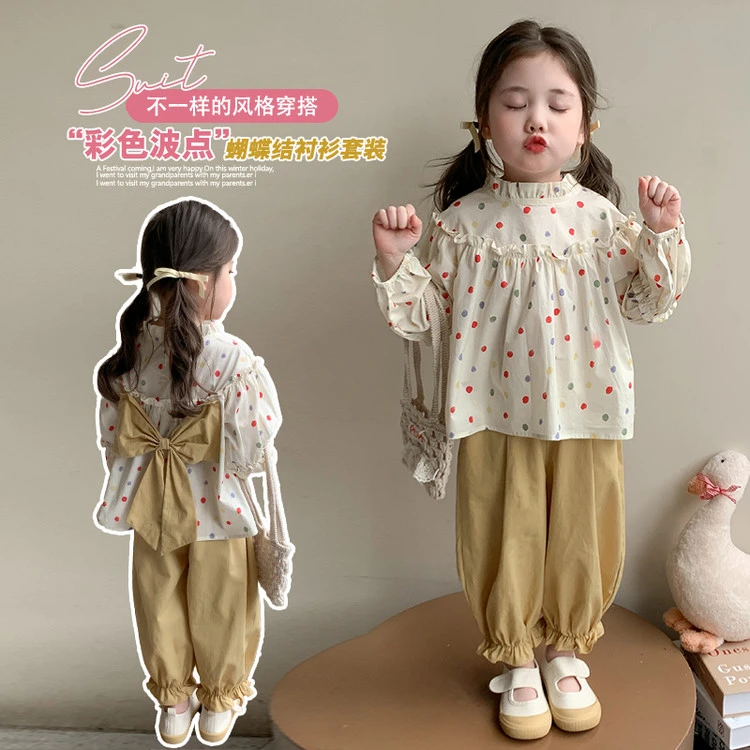 女童秋季长袖套装2025新款春秋季韩版小童圆点蝴蝶结套头上衣