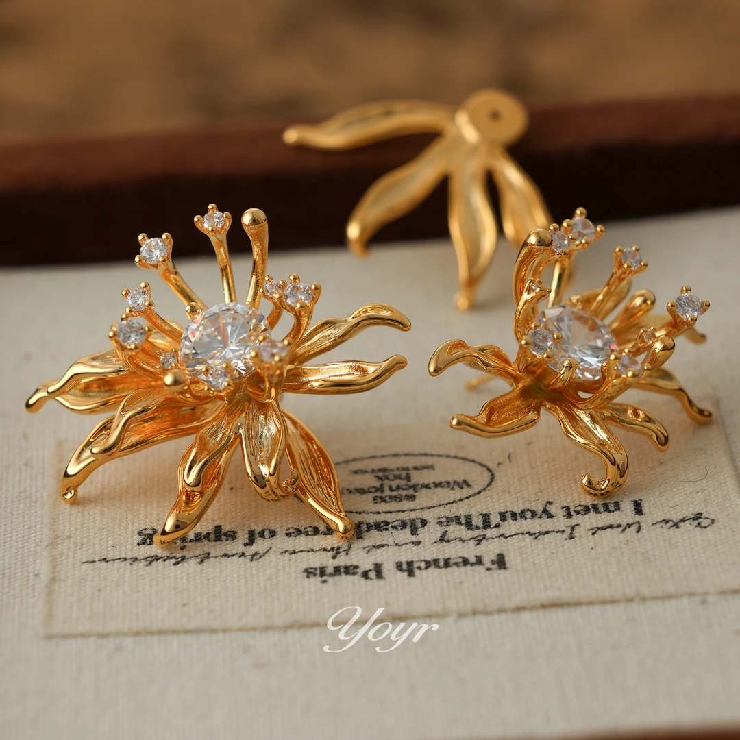 YOYR 黄铜合成锆石耳饰 重工精品太阳花耳钉两戴法精致耳环A02