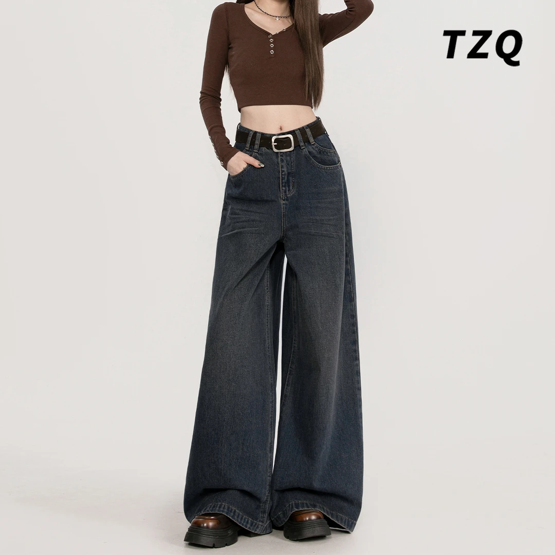 复古高腰垂感牛仔裤女宽松显瘦阔腿裤休闲抗皱耐磨拖地裤TZQ90193