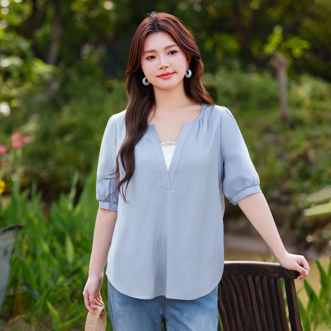 【皱感人棉假两件短袖上衣】MsShe大码女装2025拼接蕾丝A~A2505035