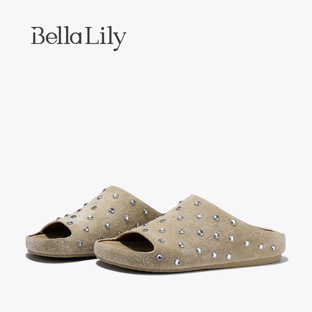 BellaLily2025夏季新款水钻露趾凉拖舒适一脚蹬百搭懒人勃肯鞋子