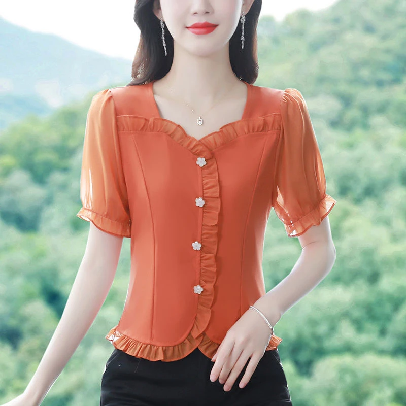 法式方领荷叶边雪纺上衣女2025夏季新款气质高级感百搭洋气小衫