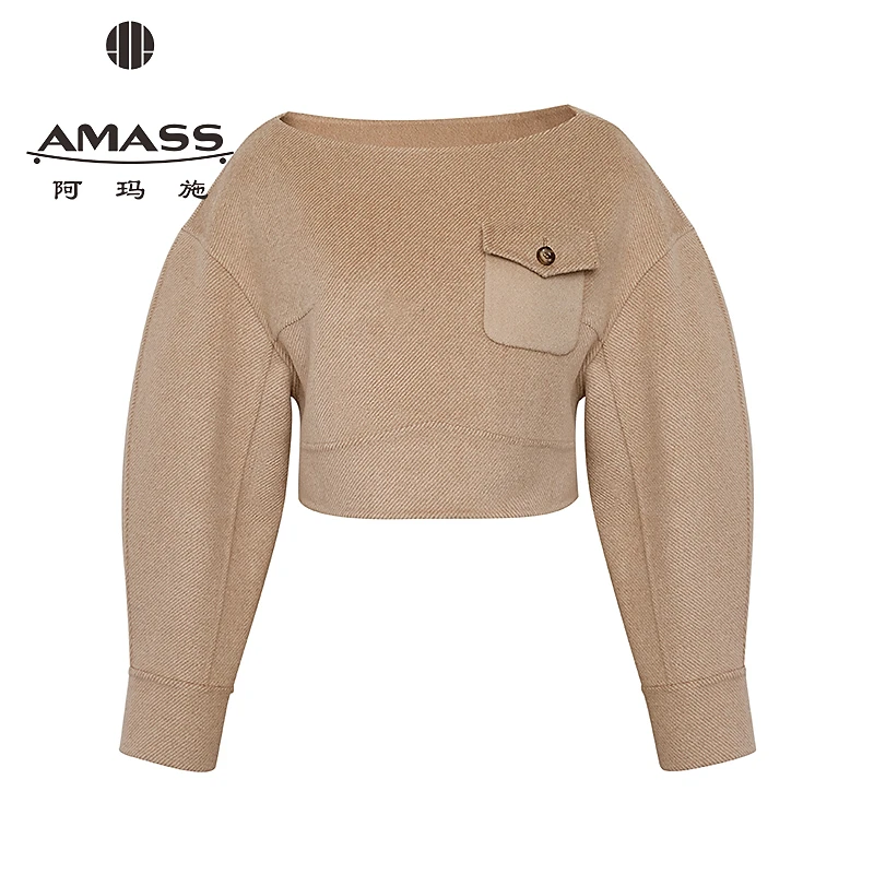 AMASS/阿玛施女装新款轻奢质感圆弧裁剪船领短款山羊绒上衣530097