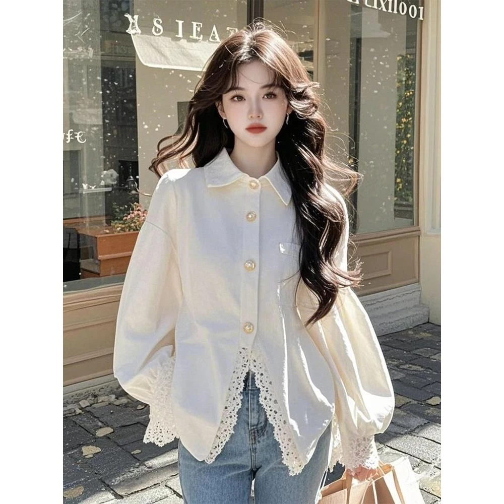 蕾丝白色衬衫上衣2025早秋新款春秋小衫法式高级洋气独特衬衣女装