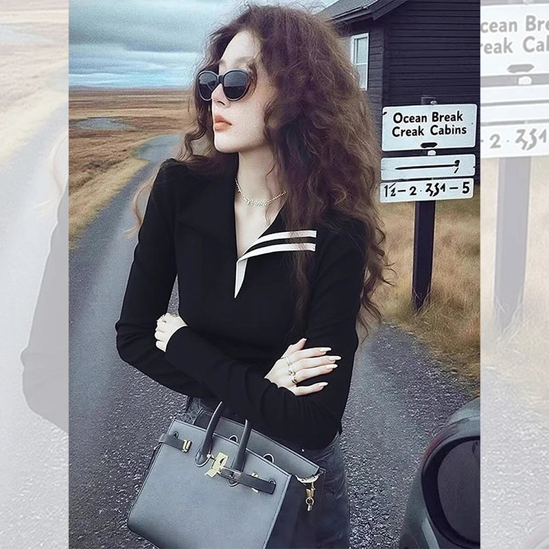 网红洋气炸街女装独特漂亮小衫秋冬黑色条纹翻领长袖T恤打底上衣