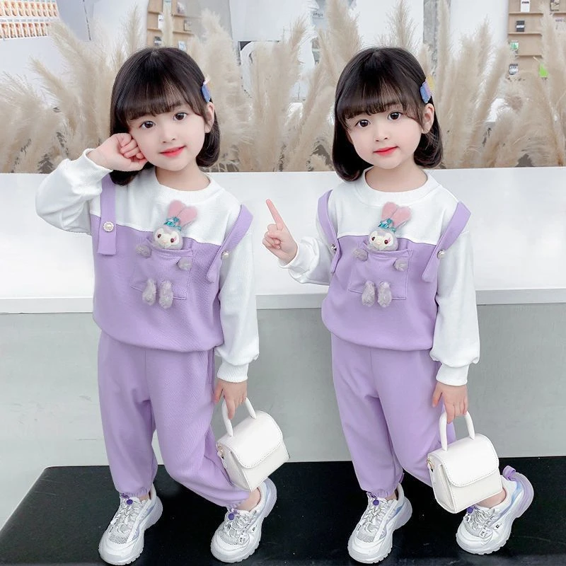 女童春秋假两件套装2025新款洋气女孩时髦卡通卫衣束脚裤两件套潮