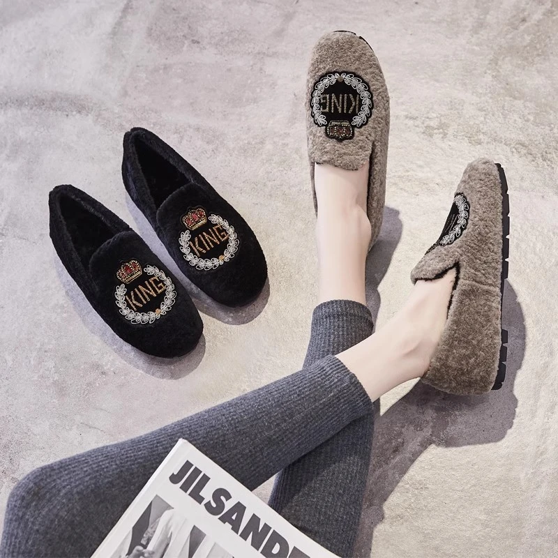 191305毛毛鞋女冬浅口平底单鞋一脚蹬羊毛豆豆鞋