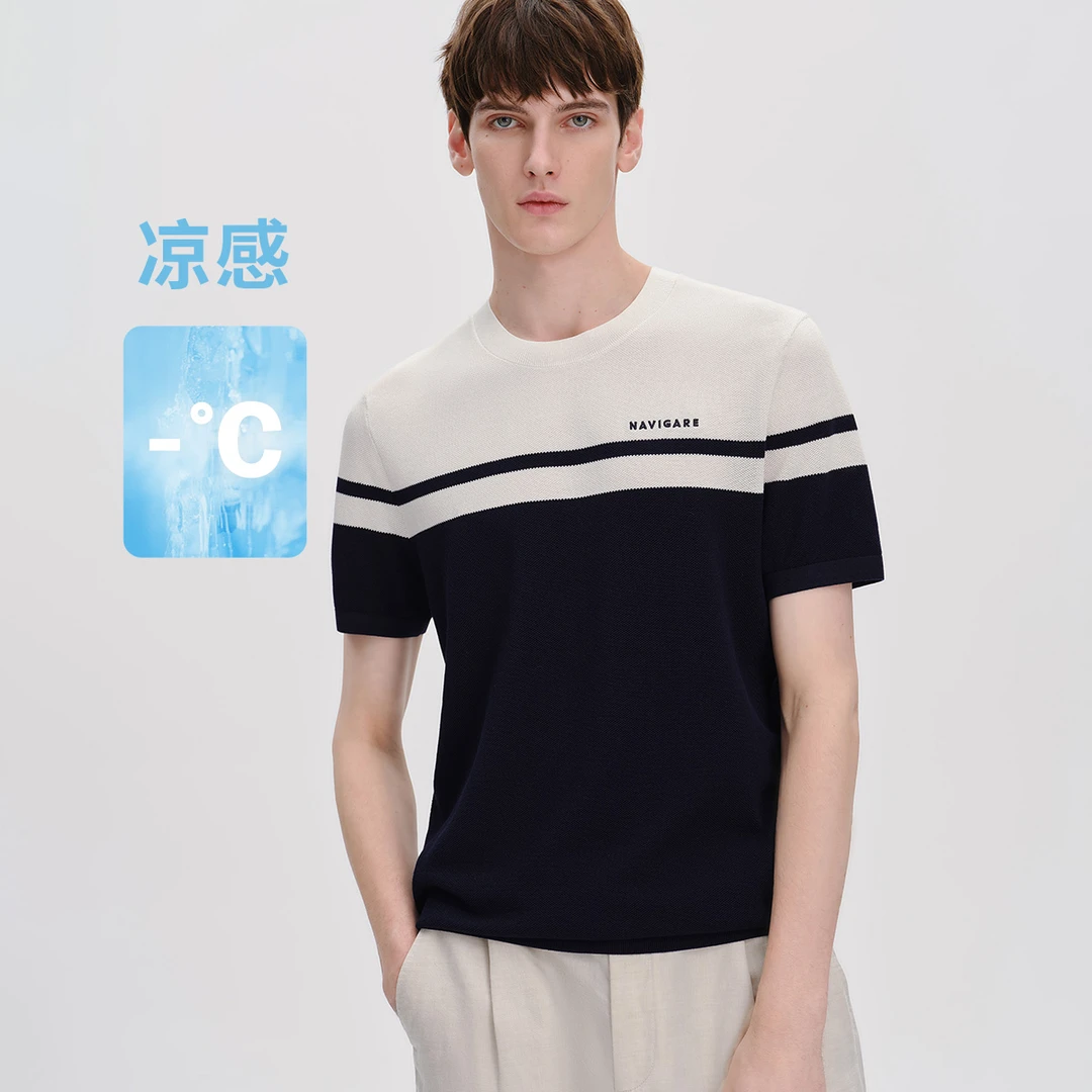 [凉感]navigare意大利小帆船夏季舒适针织短袖上衣男条纹圆领T恤