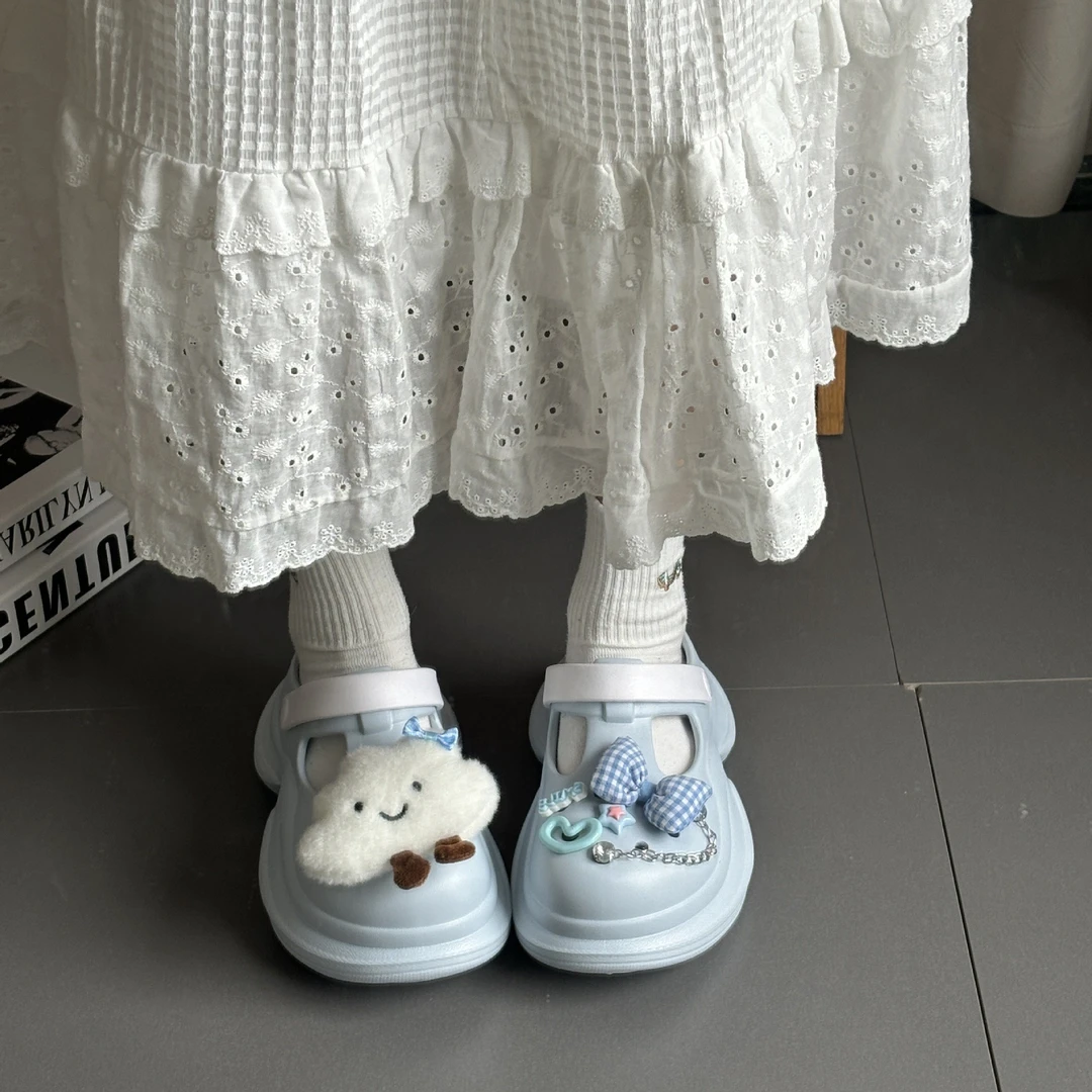 7公分洞洞鞋女增高厚底可爱包头拖鞋夏季新款外穿透气防滑沙滩eva