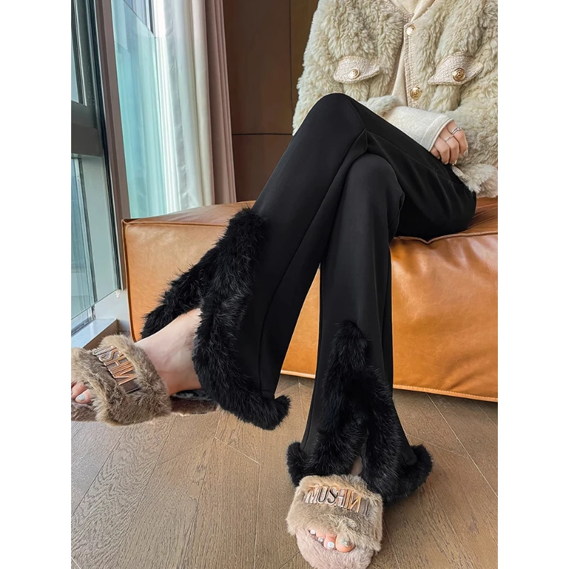 开叉微喇西装裤女秋冬2025新款黑色兔毛加绒休闲窄版阔腿喇叭裤子