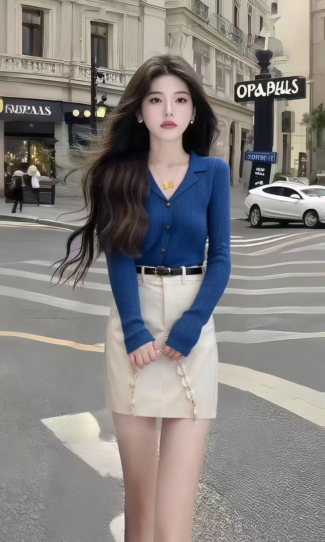 新款时尚温柔风穿搭蓝色长袖V领单排扣针织上衣+包臀高腰半身裙女