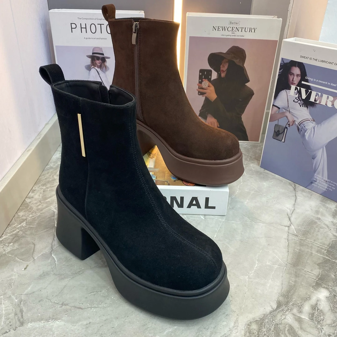 丹-牛皮磨砂面大棉松糕厚底8厘米短靴纯皮女靴