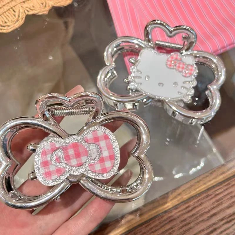 【蜡笔】闪闪KT少女AB面感猫咪抓夹高级感银色蝴蝶结鲨鱼夹后脑勺盘