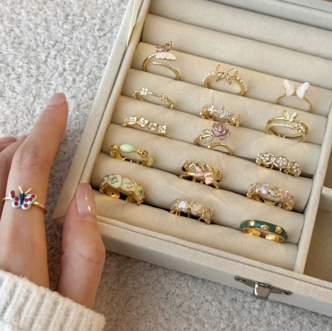 铜合金锆石戒指 黄铜锆石开口设计轻奢感蝴蝶可调节百搭ins风戒指