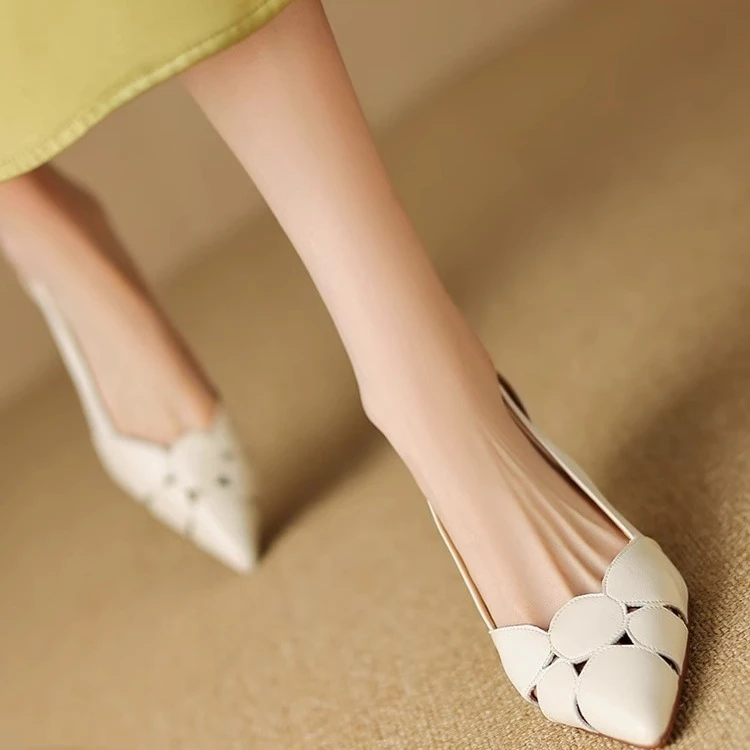 包头凉鞋女款镂空尖头羊皮白色高跟鞋女夏中跟配旗袍法式通勤单鞋