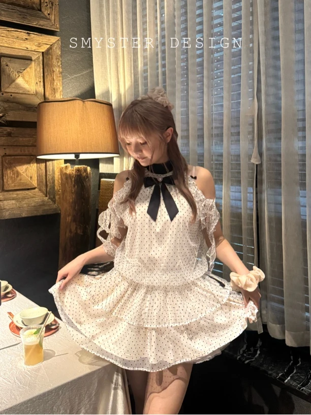 兔千金 莉莉周 清楚系日系复古千金波点连衣裙蝴蝶结松紧收腰公主